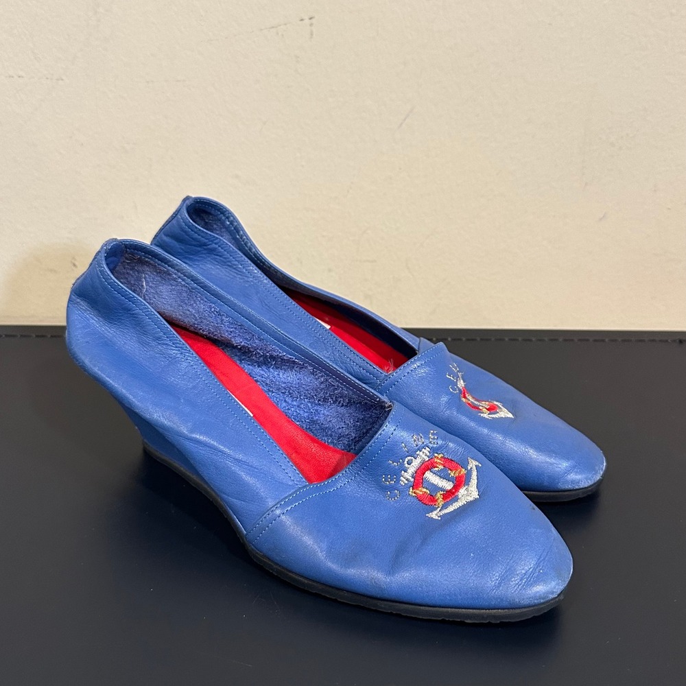 Vintage Celine Blue Leather Nautical Anchor Wedge Pumps Shoes 36.5 EU
